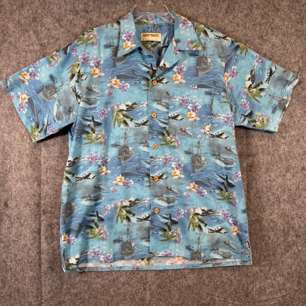 US Navy Kamp Shirt Men XL Blue Hawaiian Aloha Naval Ship Submarine Air Plane Jet